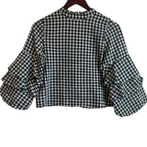 Zara Womens Crop‎ Top XS Black White Gingham Check Ruffle Sleeve Preppy Coastal